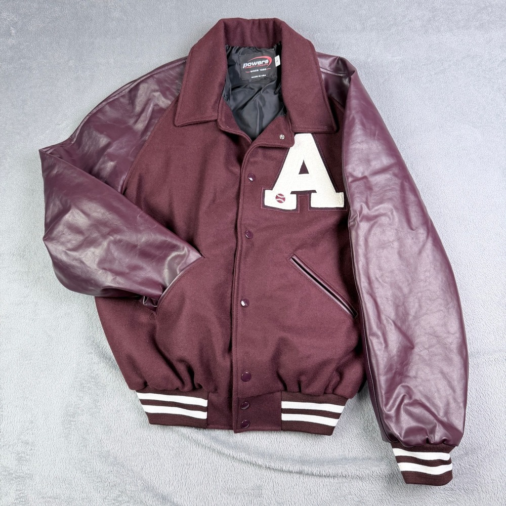 Powers Varsity Jacket Mens Large Burgundy Wool Faux Leather Letterman USA Made